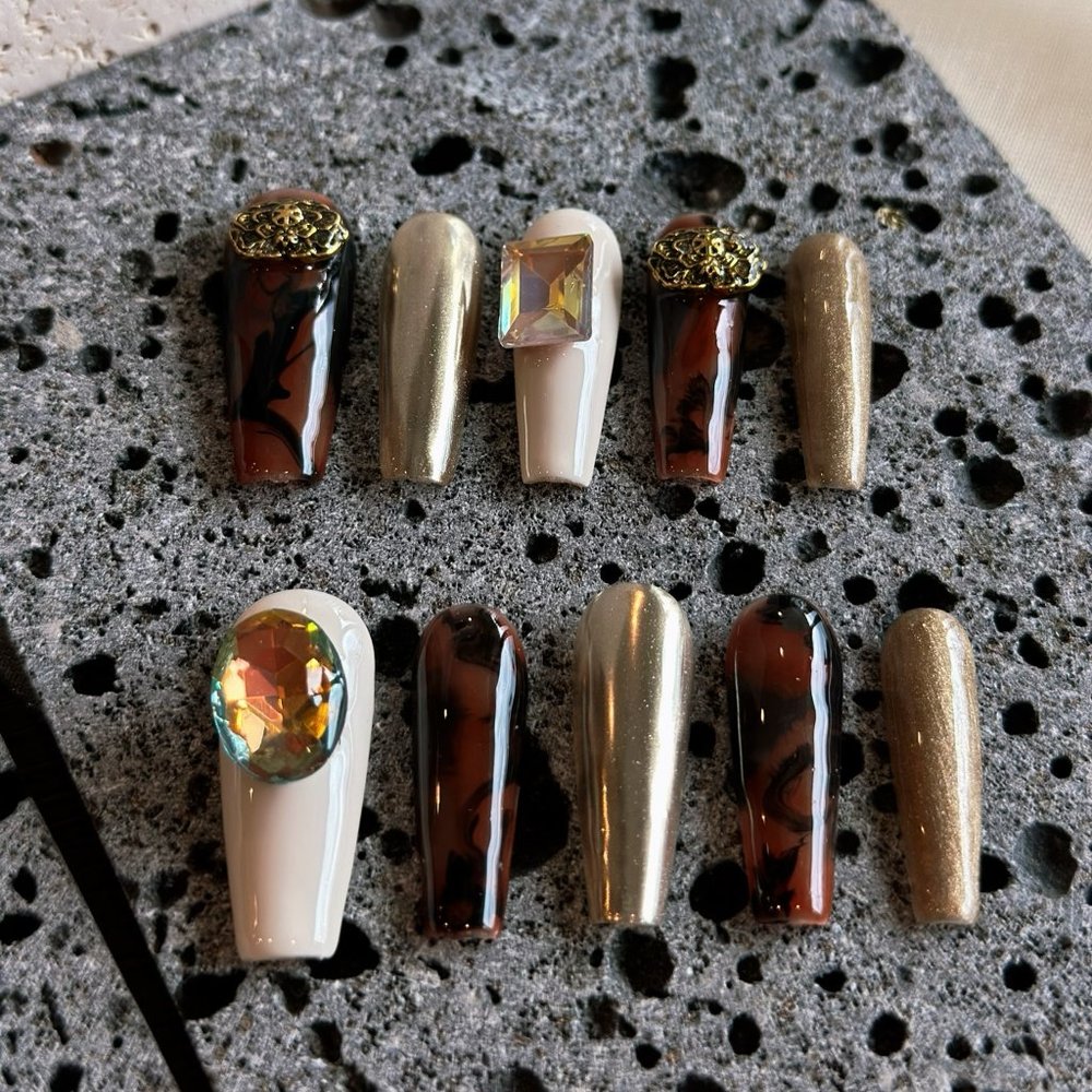 Golden Glamour/Handmade Long Coffin Press on Nails